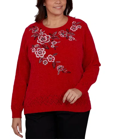 Alfred Dunner Plus Size Classic Embroidered Floral Textured Chenille Sweater In Red