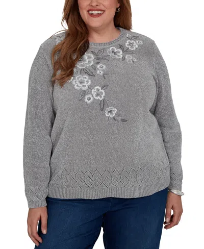 Alfred Dunner Plus Size Classic Embroidered Floral Textured Chenille Sweater In Gray