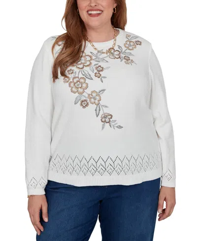 Alfred Dunner Plus Size Classic Embroidered Floral Textured Chenille Sweater In Ivory