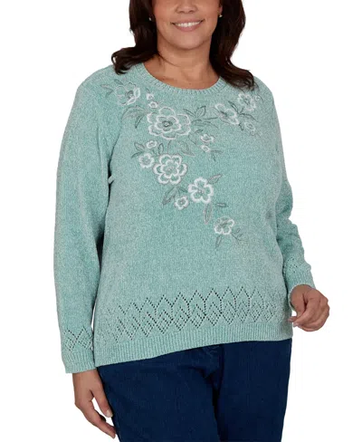 Alfred Dunner Plus Size Classic Embroidered Floral Textured Chenille Sweater In Green