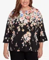 Alfred Dunner Plus Size Classic Falling Flower Beaded Split Neck Top In Black