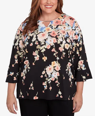 ALFRED DUNNER PLUS SIZE CLASSIC FALLING FLOWER BEADED SPLIT NECK TOP
