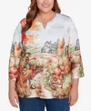 Alfred Dunner Plus Size Classic Farm Landscape Harvest Keyhole Neck Top In Multi