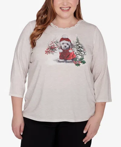 Alfred Dunner Plus Size Classic Festive Poodle Drawstring Top In Oatmeal