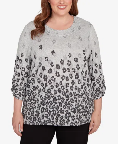 Alfred Dunner Plus Size Classic Floral Border Gathered Sleeve Top In Gray