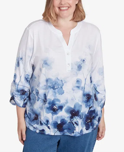 Alfred Dunner Plus Size Classic Floral Border Ruched Sleeves Henley Top In Navy Multi