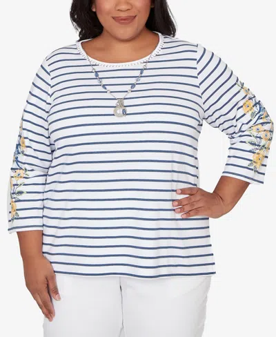 Alfred Dunner Plus Size Classic Floral Embroidered Stripe Top With Necklace In White