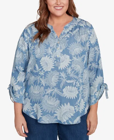 Alfred Dunner Plus Size Classic Floral Monotone Lyocell Henley Top In Blue