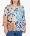 Alfred Dunner Plus Size Classic Floral Patch Drawstring Top In Navy Multi