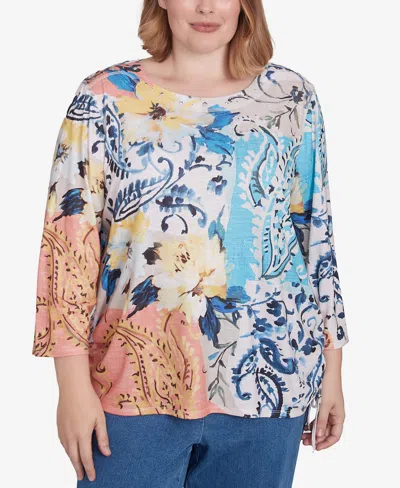 Alfred Dunner Plus Size Classic Floral Patch Drawstring Top In Navy Multi