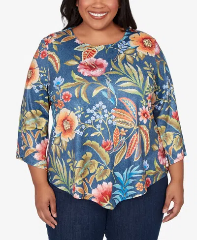 Alfred Dunner Plus Size Classic Floral Print Pointed Hem Top With Necklace In Multi
