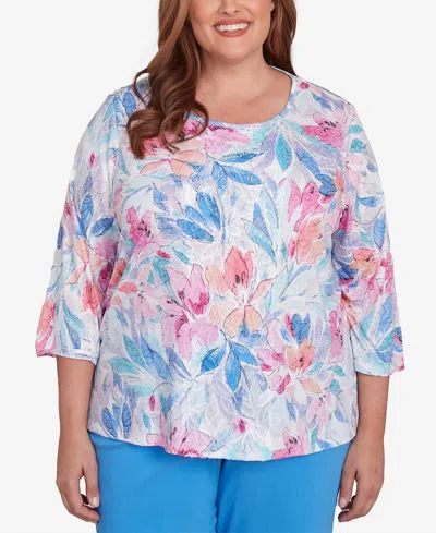 Alfred Dunner Plus Size Classic Floral Spray Crew Neck Top In Multi Pink