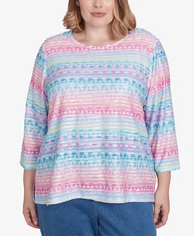Alfred Dunner Plus Size Classic Geometric Crew Neck Top In Multi Pink