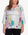 Alfred Dunner Plus Size Classic Geometric V-neck Three Quarter Sleeves Top In Neutral Multi