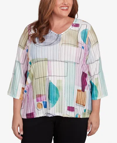 Alfred Dunner Plus Size Classic Geometric V-neck Three Quarter Sleeves Top In Neutral Multi
