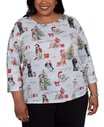 Alfred Dunner Plus Size Classic Gift Giving Dogs Knit Top In Gray