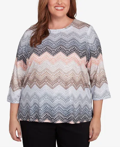 Alfred Dunner Plus Size Classic Lacey Ombre Chevron Crew Neck Top In Tan