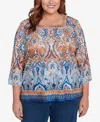 Alfred Dunner Plus Size Classic Medallion Bordered Square Neck Top In Multi