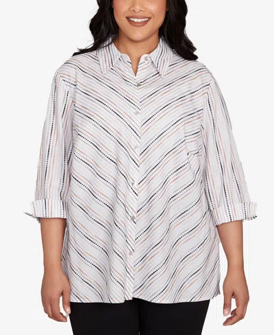 Alfred Dunner Plus Size Classic Mitered Textured Stripe Button Front Top
