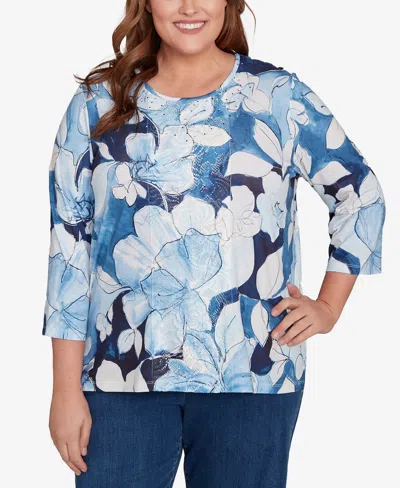 Alfred Dunner Plus Size Classic Monotone Floral Embellished Top In Blue