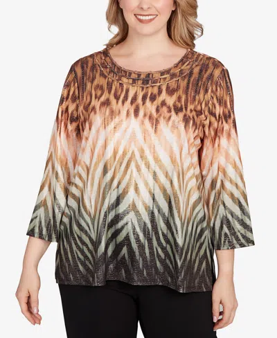 Alfred Dunner Plus Size Classic Ombre Animal Skin Three Quarter Sleeve Top In Black