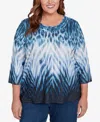 Alfred Dunner Plus Size Classic Ombre Animal Skin Three Quarter Sleeve Top In Blue