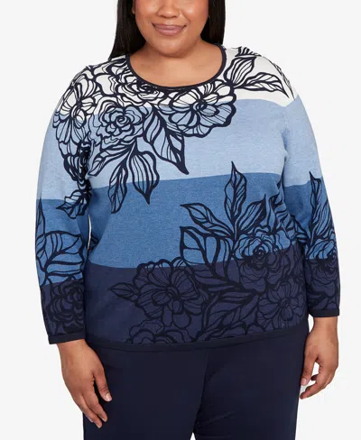 Alfred Dunner Plus Size Classic Ombre Floral Block Stripe Sweater In Blue