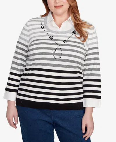Alfred Dunner Plus Size Classic Ombre Stripe Two In One Sweater In Black