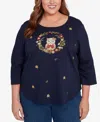 Alfred Dunner Plus Size Classic Owl Wreath Embroidered Top In Blue