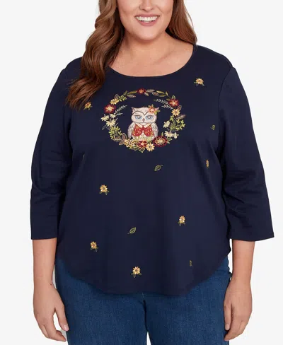Alfred Dunner Plus Size Classic Owl Wreath Embroidered Top In Blue