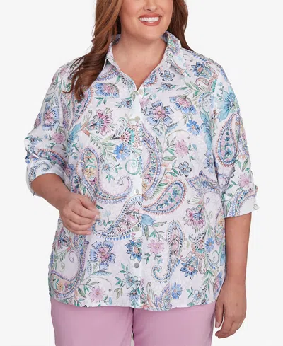 Alfred Dunner Plus Size Classic Paisley Button Down Cuffed Sleeves Top In Navy Multi