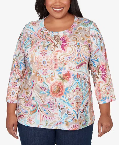 Alfred Dunner Plus Size Classic Paisley Floral Pleated Neck Top In Multi