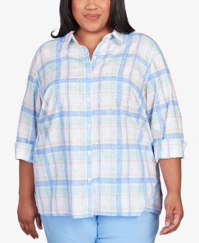 Alfred Dunner Plus Size Classic Pastels Cool Plaid Button Down Top In Lake Blue