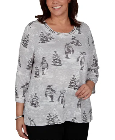 Alfred Dunner Plus Size Classic Penguins And Trees Knit Top In Gray