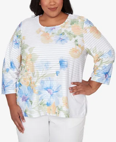 Alfred Dunner Plus Size Classic Placed Floral Stripe Top In Multi