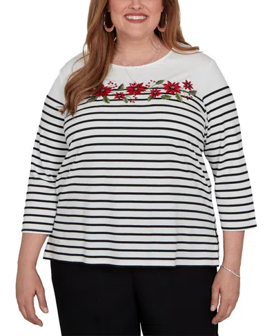 Alfred Dunner Plus Size Classic Poinsettia Stripe Knit Top In White