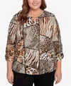 Alfred Dunner Plus Size Classic Puff Print Animal Colorblock Keyhole Neck Top In Brown