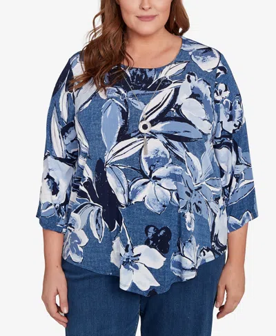 Alfred Dunner Plus Size Classic Puff Print Denim Floral Top In Blue