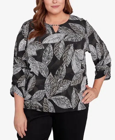 Alfred Dunner Plus Size Classic Puff Print Leaf Keyhole Neck Top In Black