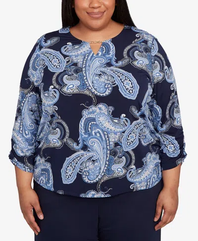 Alfred Dunner Plus Size Classic Puff Print Paisley Gold Foil Keyholeneck Top In Blue