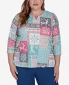 Alfred Dunner Plus Size Classic Reindeer Patch Work Top In Multi Green