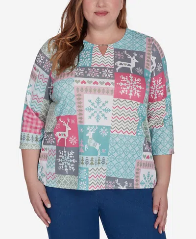 Alfred Dunner Plus Size Classic Reindeer Patch Work Top In Multi Green