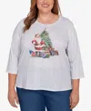 Alfred Dunner Plus Size Classic Santa And Tree Print Crew Neck Top In Gray
