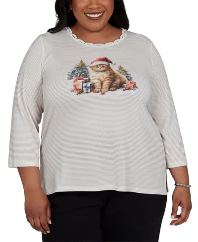 Alfred Dunner Plus Size Classic Santa Cat Knit Top In Gray