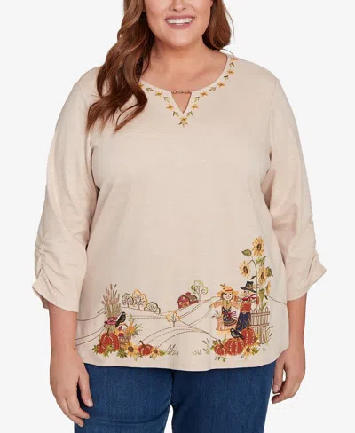 Alfred Dunner Plus Size Classic Scarecrow Bordered Keyhole Neck Top In Brown