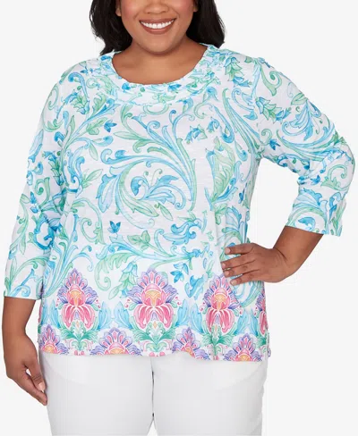 Alfred Dunner Plus Size Classic Scroll Border Embellished Neck Top In Multi