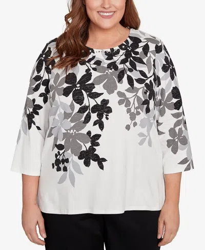 Alfred Dunner Plus Size Classic Shadow Leaf Three Quarter Sleeve Top In Multi