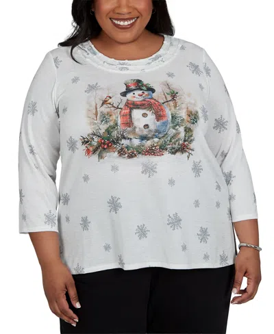 Alfred Dunner Plus Size Classic Shimmering Snowman Knit Top In White