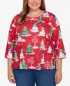 Alfred Dunner Plus Size Classic Snowmen Printed Crew Neck Top In Red