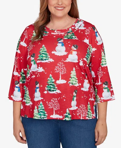 Alfred Dunner Plus Size Classic Snowmen Printed Crew Neck Top In Red